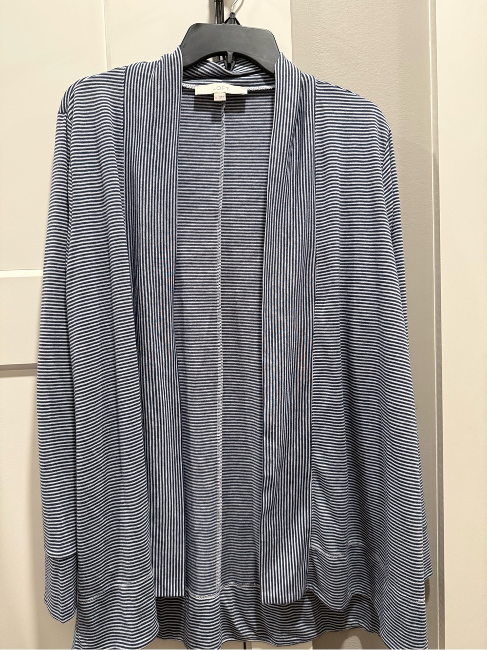LOFT Navy and White Striped Open-Front Cardigan